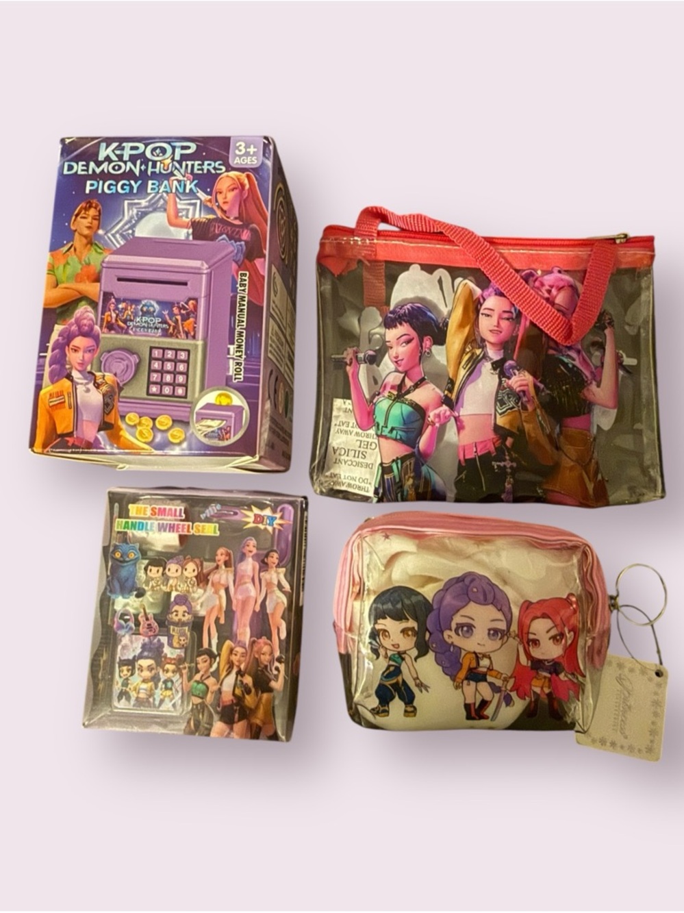 K-Pop Demon Hunters Piggy Bank & Cute K-Pop Character Bags - Purple, Pink, Red